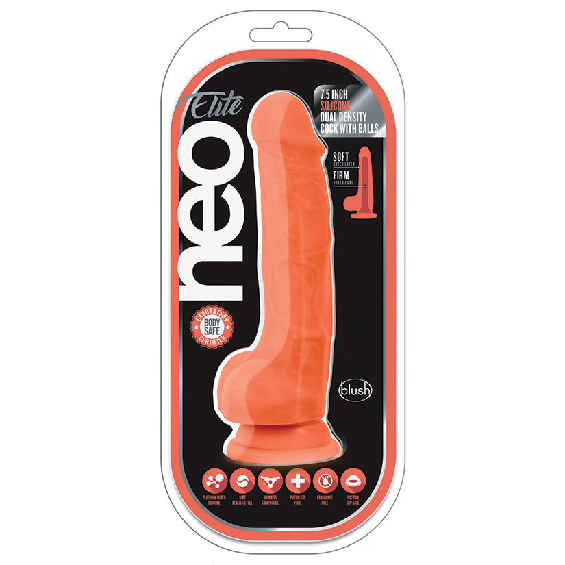 Neo Elite Silicone Dual Density Cock with Balls-Neon Orange 7.5