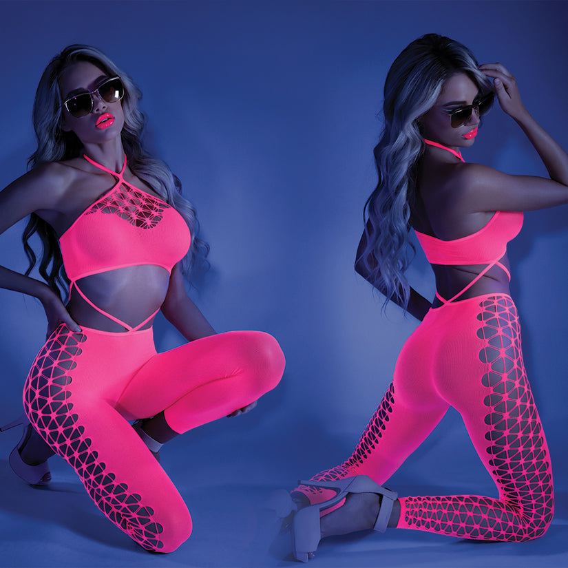 Fantasy Lingerie Glow Own The Night Bodystocking-Neon Pink O/S-Boxed