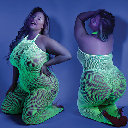 Fantasy Lingerie Glow Moonbeam Crotchless Bodystocking-Neon Green Queen-Boxed