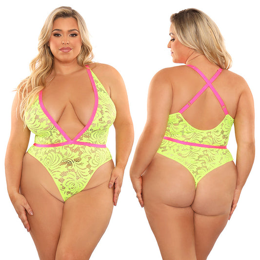 Fantasy Lingerie Glow Spotlight Contrast Elastic Lace Teddy-Neon Green QUEEN