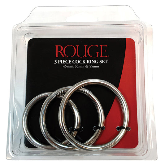 Rouge Group Stainless Steel 3 Piece Cock Ring Set (45/50/55mm) In Clamshell