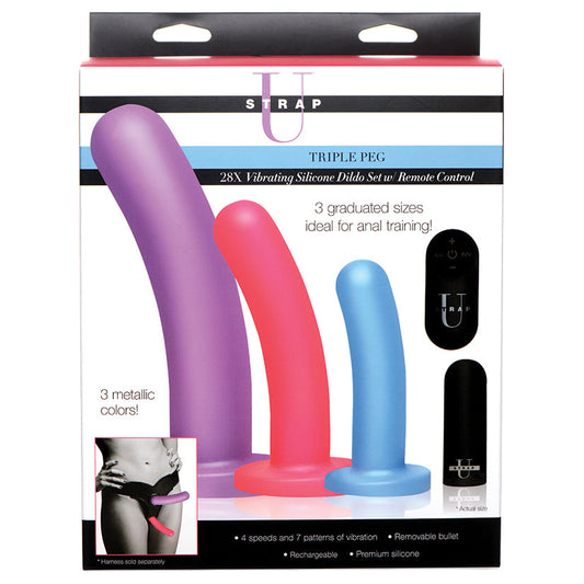 Strap U Triple Peg 28X Vibrating Silicone Dildo Set